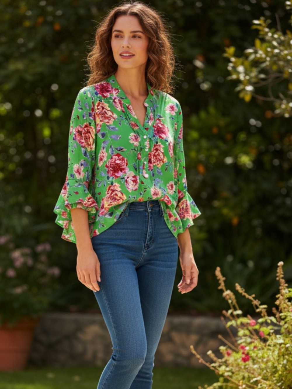 The Pioneer Woman Green Floral Flutter Sleeve Button-Front Blouse